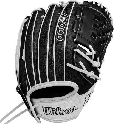 A Wilson A2000 P12 12" Fastpitch Glove (WBW10267512) in black and white with white laces and stitching, shown from the back with the Wilson logo by the wrist.