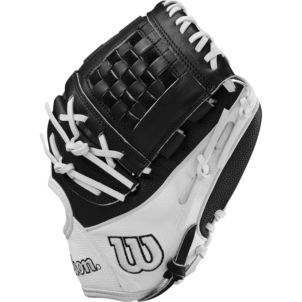 The Wilson A2000 P12 12" Fastpitch Glove (WBW10267512) by Wilson features a black and white design with white laces and a woven basket web, shown on a plain background.