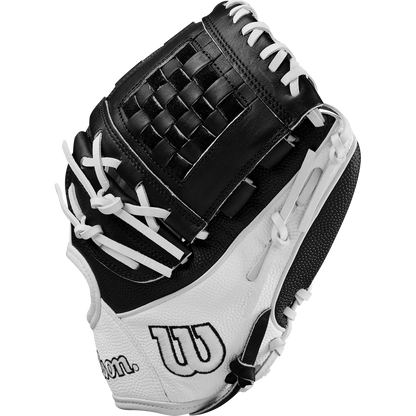 The Wilson A2000 P12 12" Fastpitch Glove (WBW10267512) by Wilson features a black and white design with white laces and a woven basket web, shown on a plain background.