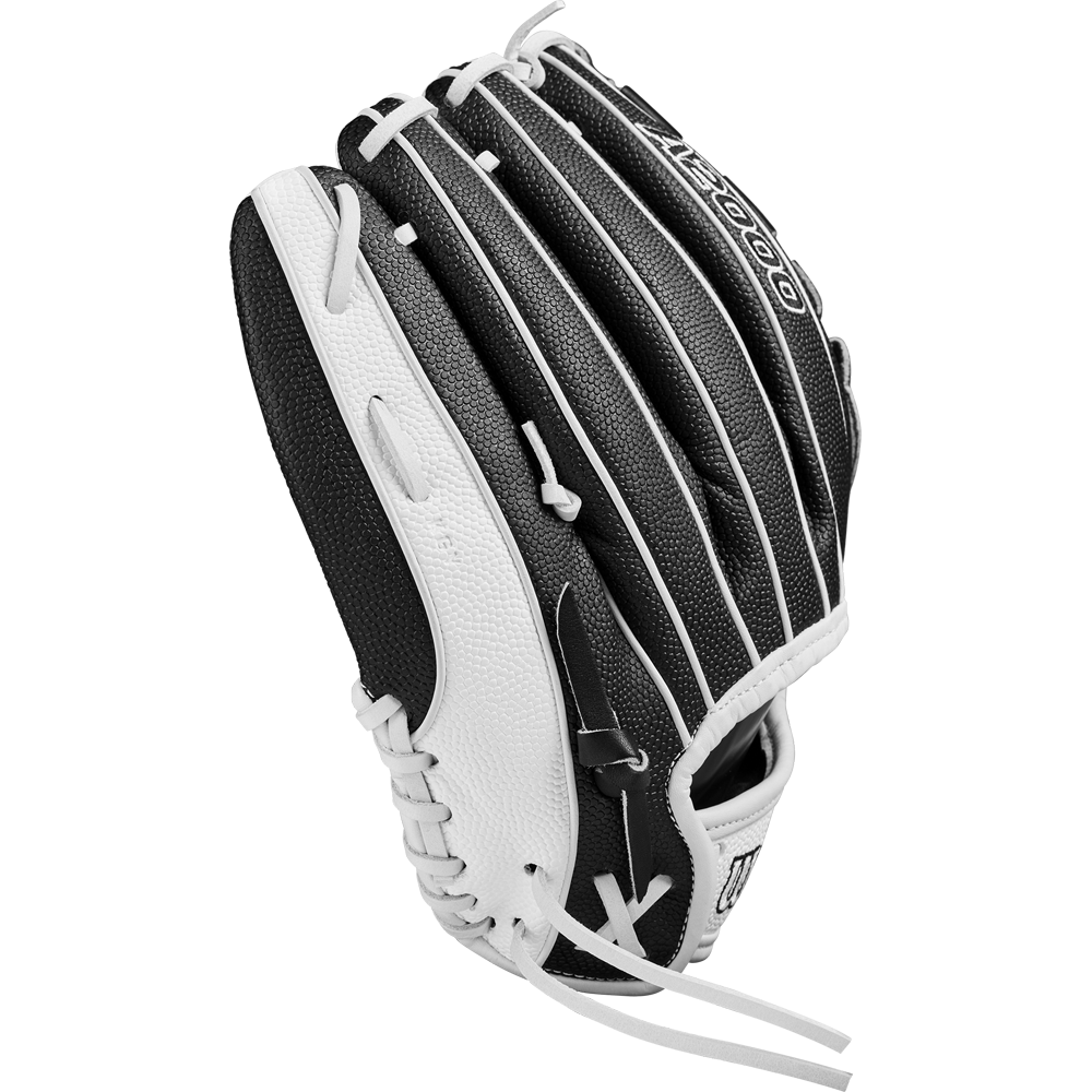 The Wilson A2000 P12 12" Fastpitch Glove (WBW10267512) is a black and white glove designed for fastpitch softball.