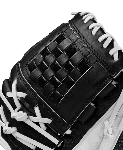 Close-up of the Wilson A2000 P12 12" Fastpitch Glove (WBW10267512) with woven webbing and white laces on its textured black and white leather surface.