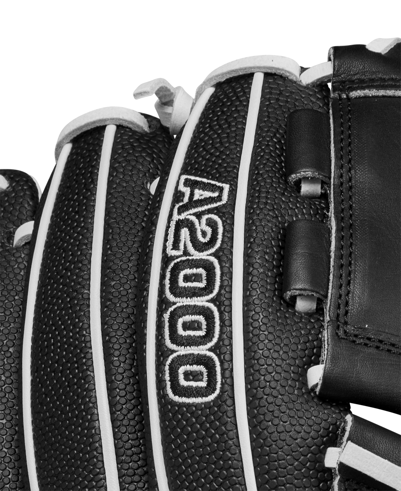 Close-up of the Wilson A2000 P12 12" Fastpitch Glove (WBW10267512), a premium black softball pitcher’s glove with white stitching and A2000 embroidered in white on the leather.
