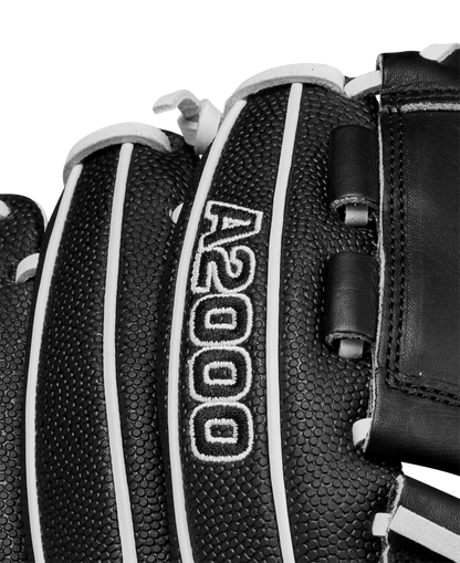 Close-up of the Wilson A2000 P12 12" Fastpitch Glove (WBW10267512), a premium black softball pitcher’s glove with white stitching and A2000 embroidered in white on the leather.