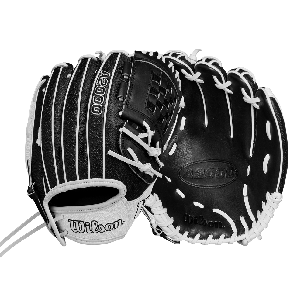 The Wilson A2000 P12 12" Fastpitch Glove: WBW10267512 is shown in black and white from two angles, highlighting the palm side and the back with Wilson branding and laces.
