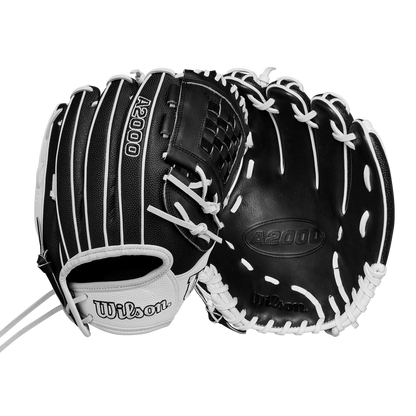 The Wilson A2000 P12 12" Fastpitch Glove: WBW10267512 is shown in black and white from two angles, highlighting the palm side and the back with Wilson branding and laces.