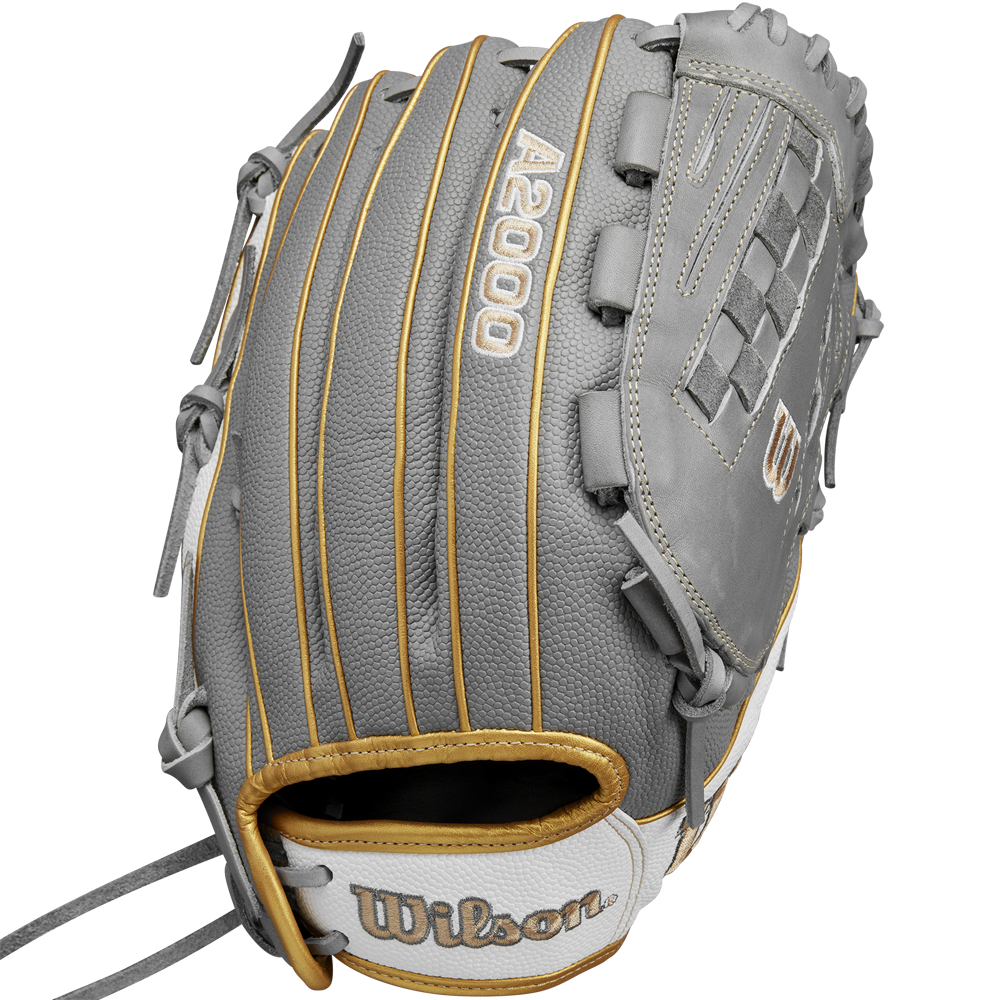 The Wilson A2000 V125SS 12.5" Fastpitch Glove (WBW102677125) features gray, tan, and white accents, detailed stitching, a woven web, and the Wilson logo near the wrist for style and durability.