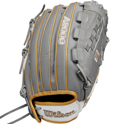 The Wilson A2000 V125SS 12.5" Fastpitch Glove (WBW102677125) features gray, tan, and white accents, detailed stitching, a woven web, and the Wilson logo near the wrist for style and durability.