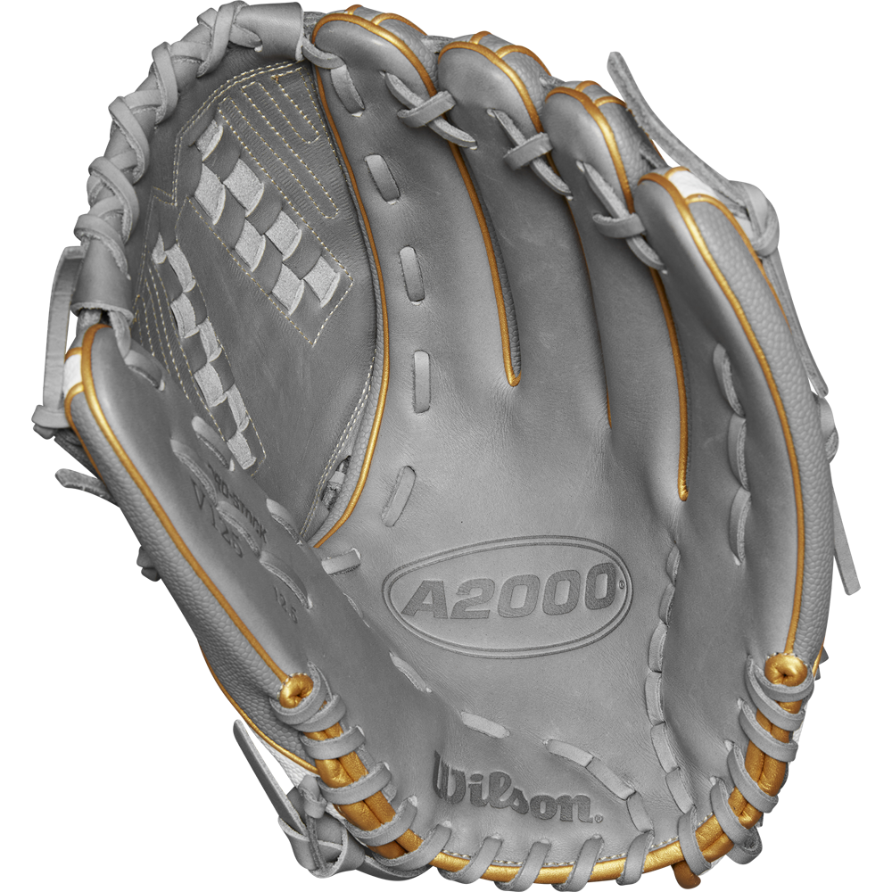 A close-up of the Wilson A2000 V125SS 12.5" Fastpitch Glove (WBW102677125) in gray, featuring gold-tan stitching and laces, with a clear view of the palm, webbing, and detailed Wilson branding inside.