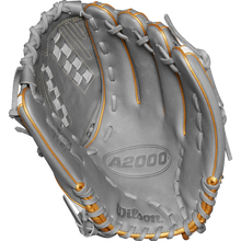A close-up of the Wilson A2000 V125SS 12.5" Fastpitch Glove (WBW102677125) in gray, featuring gold-tan stitching and laces, with a clear view of the palm, webbing, and detailed Wilson branding inside.