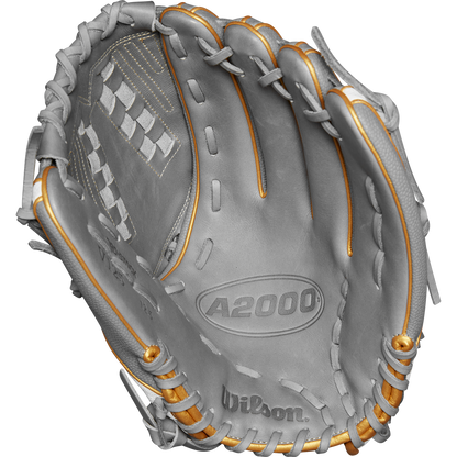 A close-up of the Wilson A2000 V125SS 12.5" Fastpitch Glove (WBW102677125) in gray, featuring gold-tan stitching and laces, with a clear view of the palm, webbing, and detailed Wilson branding inside.