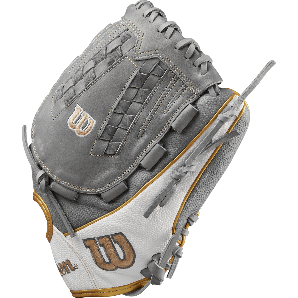 The Wilson A2000 V125SS 12.5" Fastpitch Glove (WBW102677125) features a gray and white design with gold accents, woven detailing, and the Wilson W logo on the thumb and wrist areas.
