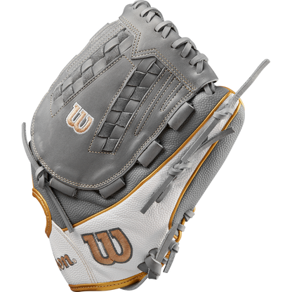 The Wilson A2000 V125SS 12.5" Fastpitch Glove (WBW102677125) features a gray and white design with gold accents, woven detailing, and the Wilson W logo on the thumb and wrist areas.