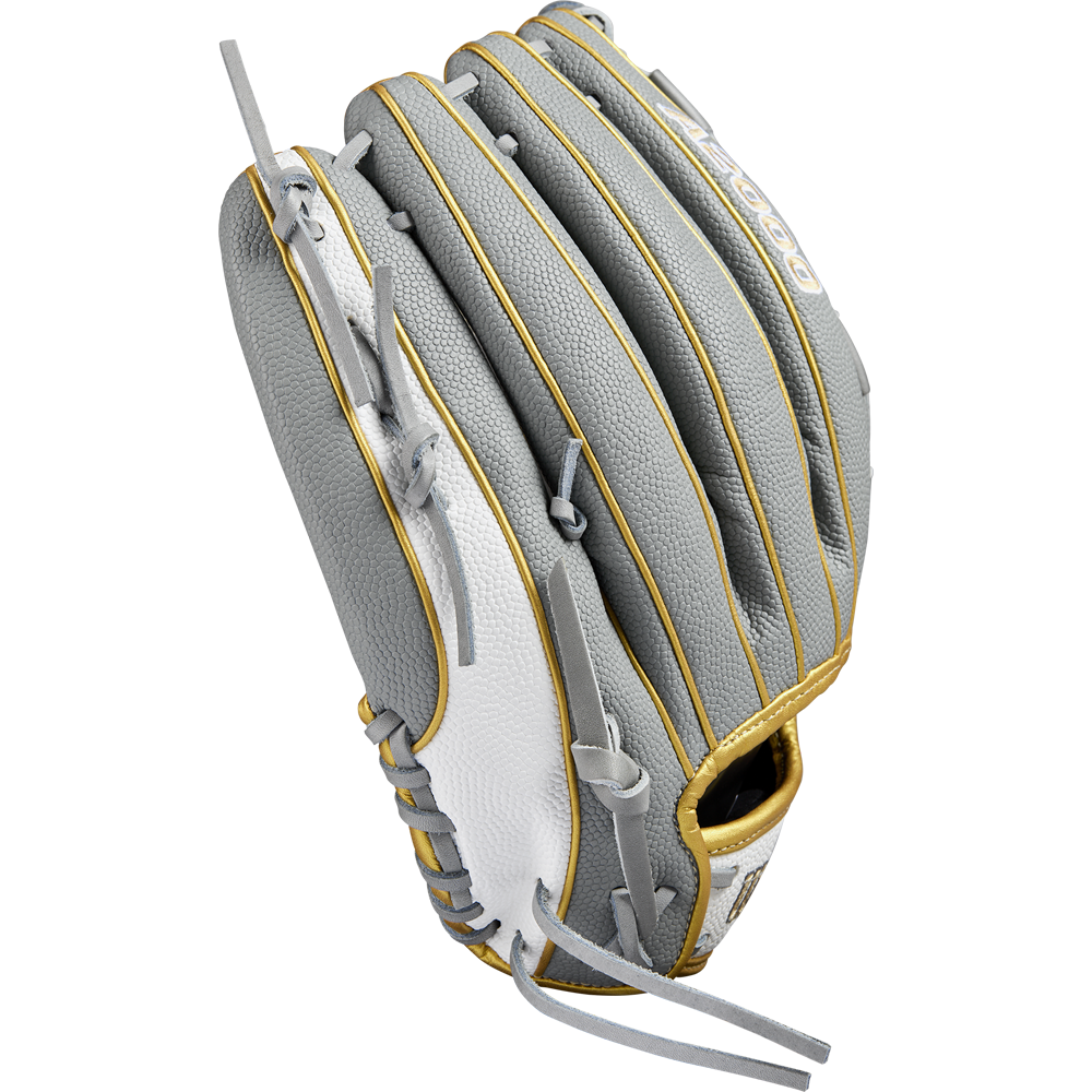 The Wilson A2000 V125SS 12.5" Fastpitch Glove (WBW102677125) by Wilson features a gray and white textured design with gold accents and gray laces, displayed from the back against a plain white background.