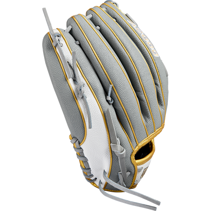The Wilson A2000 V125SS 12.5" Fastpitch Glove (WBW102677125) by Wilson features a gray and white textured design with gold accents and gray laces, displayed from the back against a plain white background.