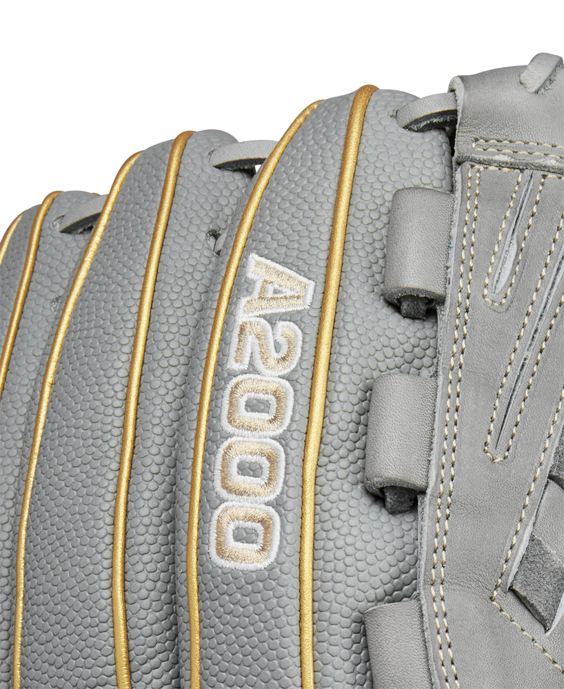 Close-up of the Wilson A2000 V125SS 12.5" Fastpitch Glove (WBW102677125) in gray, showcasing textured leather, gold piping, and white-stitched Wilson A2000 branding.