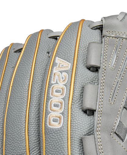 Close-up of the Wilson A2000 V125SS 12.5" Fastpitch Glove (WBW102677125) in gray, showcasing textured leather, gold piping, and white-stitched Wilson A2000 branding.