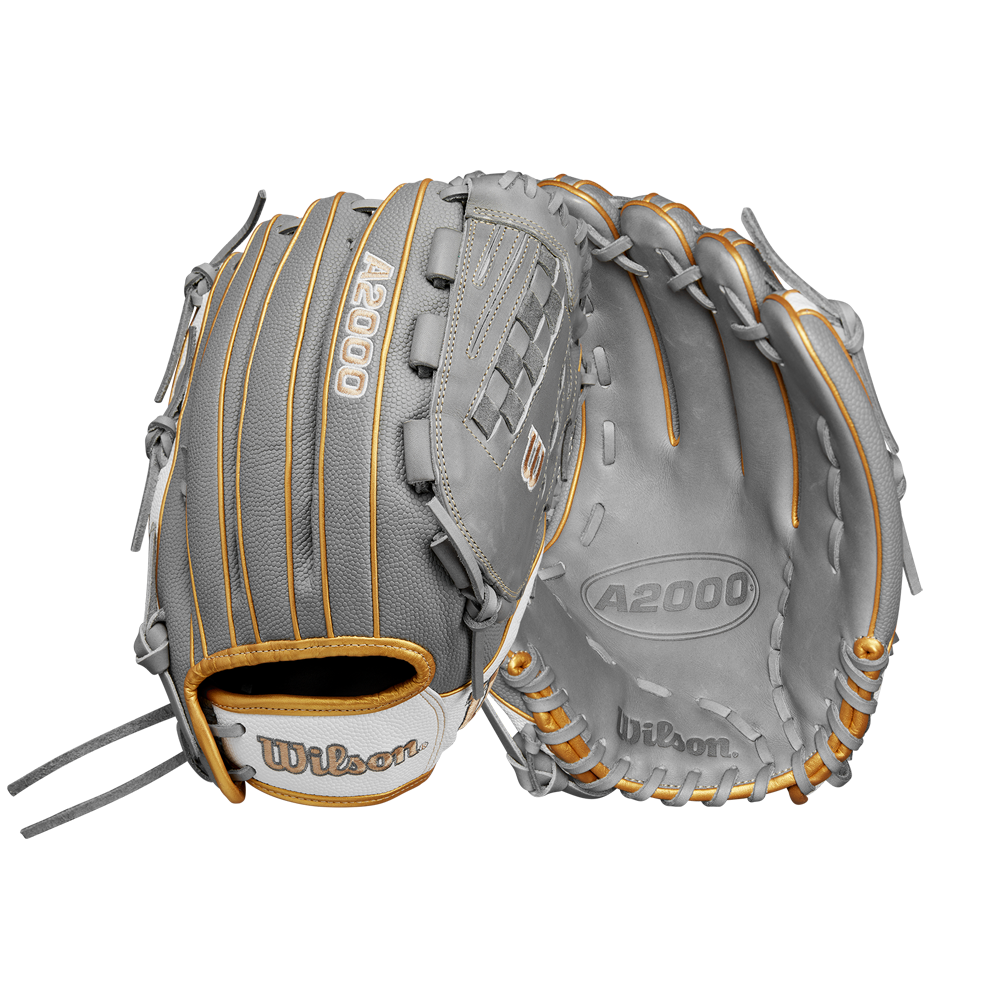 A gray Wilson A2000 V125SS 12.5" Fastpitch Glove (WBW102677125) with tan stitching and laces is shown from front and back, highlighting its fastpitch design and signature Wilson branding.