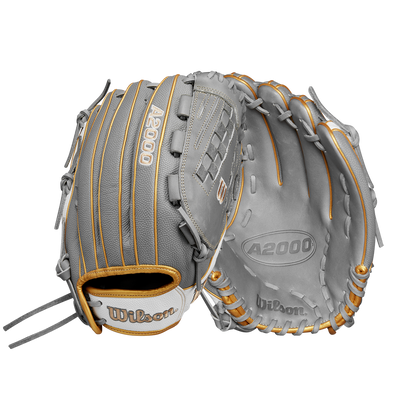 A gray Wilson A2000 V125SS 12.5" Fastpitch Glove (WBW102677125) with tan stitching and laces is shown from front and back, highlighting its fastpitch design and signature Wilson branding.