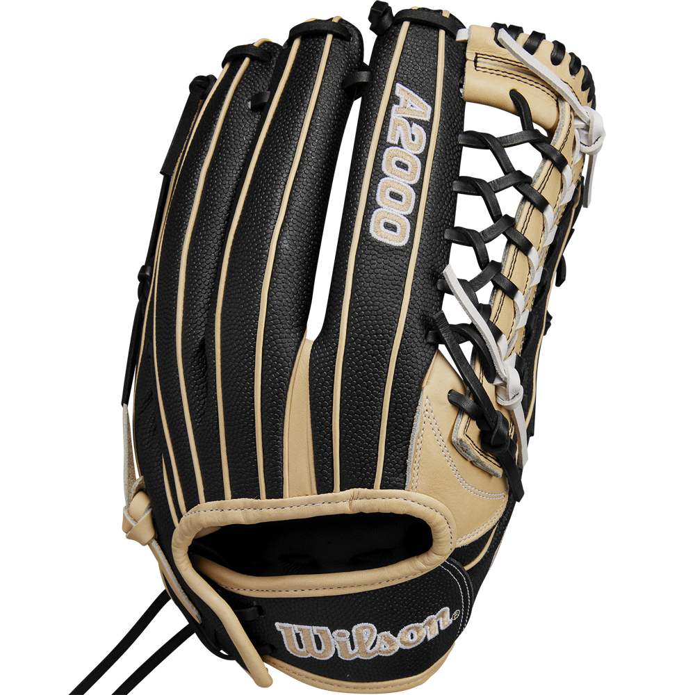 The Wilson A2000 T125SS 12.5" Fastpitch Glove (WBW102679125) by Wilson features a black and tan design with tan lacing, white-stitched branding, a Pro Laced T-Web pocket, and detailed stitching for outfield play.