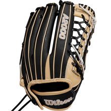 The Wilson A2000 T125SS 12.5" Fastpitch Glove (WBW102679125) by Wilson features a black and tan design with tan lacing, white-stitched branding, a Pro Laced T-Web pocket, and detailed stitching for outfield play.