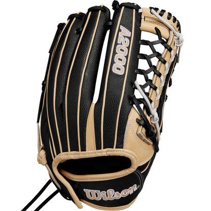 The Wilson A2000 T125SS 12.5" Fastpitch Glove (WBW102679125) by Wilson features a black and tan design with tan lacing, white-stitched branding, a Pro Laced T-Web pocket, and detailed stitching for outfield play.