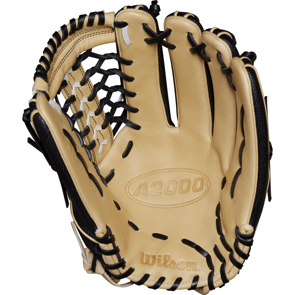 A Wilson A2000 T125SS 12.5" Fastpitch Glove (WBW102679125), in tan and black, features a Pro Laced T-Web and displays its woven web pattern and distinctive Wilson branding with the palm facing up.
