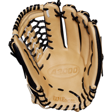 A Wilson A2000 T125SS 12.5" Fastpitch Glove (WBW102679125), in tan and black, features a Pro Laced T-Web and displays its woven web pattern and distinctive Wilson branding with the palm facing up.