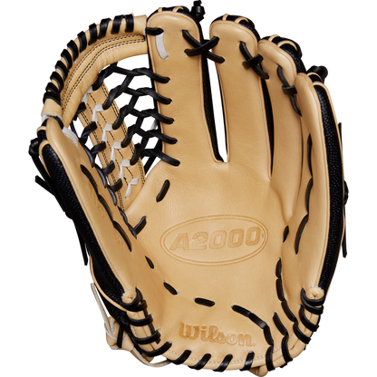 A Wilson A2000 T125SS 12.5" Fastpitch Glove (WBW102679125), in tan and black, features a Pro Laced T-Web and displays its woven web pattern and distinctive Wilson branding with the palm facing up.