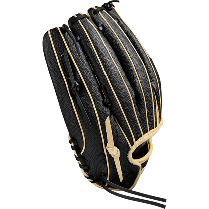 The Wilson A2000 T125SS 12.5" Fastpitch Glove features a black design with tan laces and trim, detailed stitching, and a woven Pro Laced T-Web on the fingers, shown from the back.