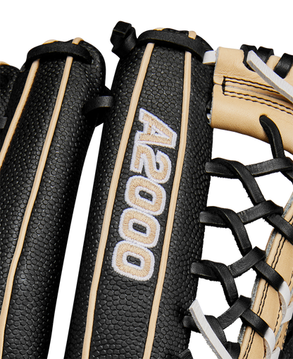 A close-up of the Wilson A2000 T125SS 12.5" Fastpitch Glove showcases its detailed Pro Laced T-Web design, a hallmark of the Wilson brand.