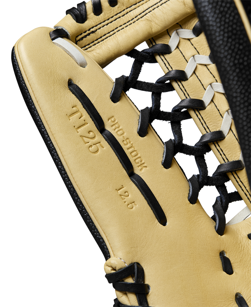 A close-up of the Wilson A2000 T125SS 12.5" Fastpitch Glove (WBW102679125) showing its Pro Laced T-Web design.