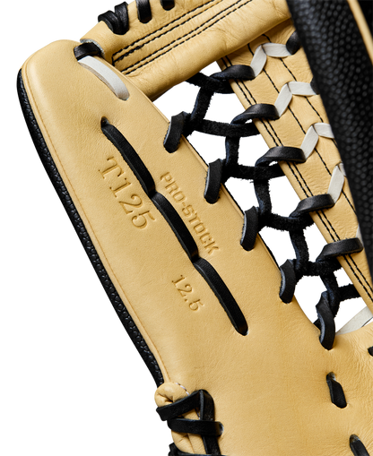 A close-up of the Wilson A2000 T125SS 12.5" Fastpitch Glove (WBW102679125) showing its Pro Laced T-Web design.