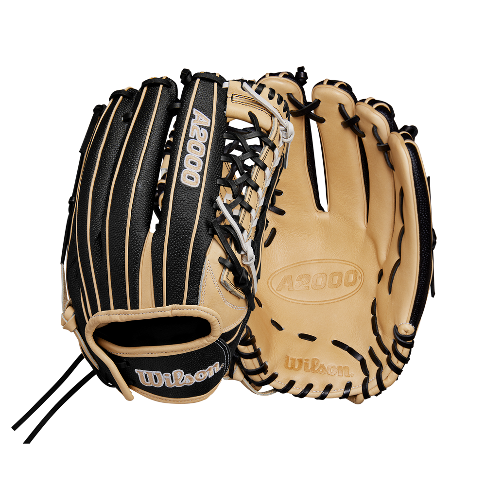 The Wilson A2000 T125SS 12.5" Fastpitch Glove (WBW102679125) by Wilson is shown in tan and black from the front and back, highlighting its leather texture, Pro Laced T-Web, laces, and branding.