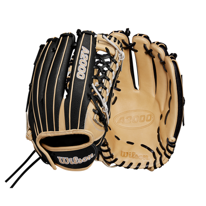 The Wilson A2000 T125SS 12.5" Fastpitch Glove (WBW102679125) by Wilson is shown in tan and black from the front and back, highlighting its leather texture, Pro Laced T-Web, laces, and branding.