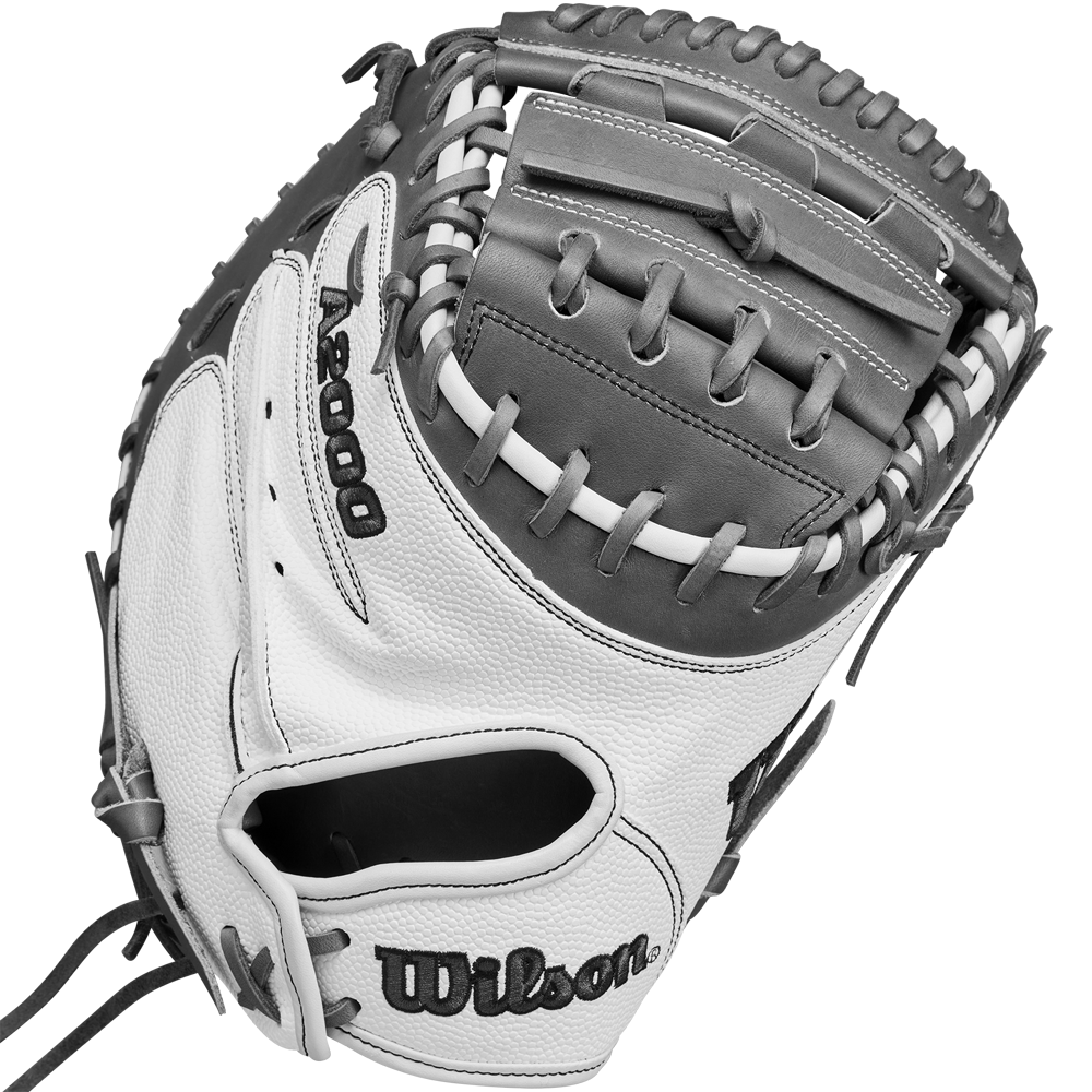 A close-up of the Wilson A2000 FPCM23 34" Fastpitch Catcher's Mitt (WBW10268134) in white and gray Pro Stock Leather, showing detailed stitching, lacing on the pocket and webbing, with the Wilson brand name clearly visible.