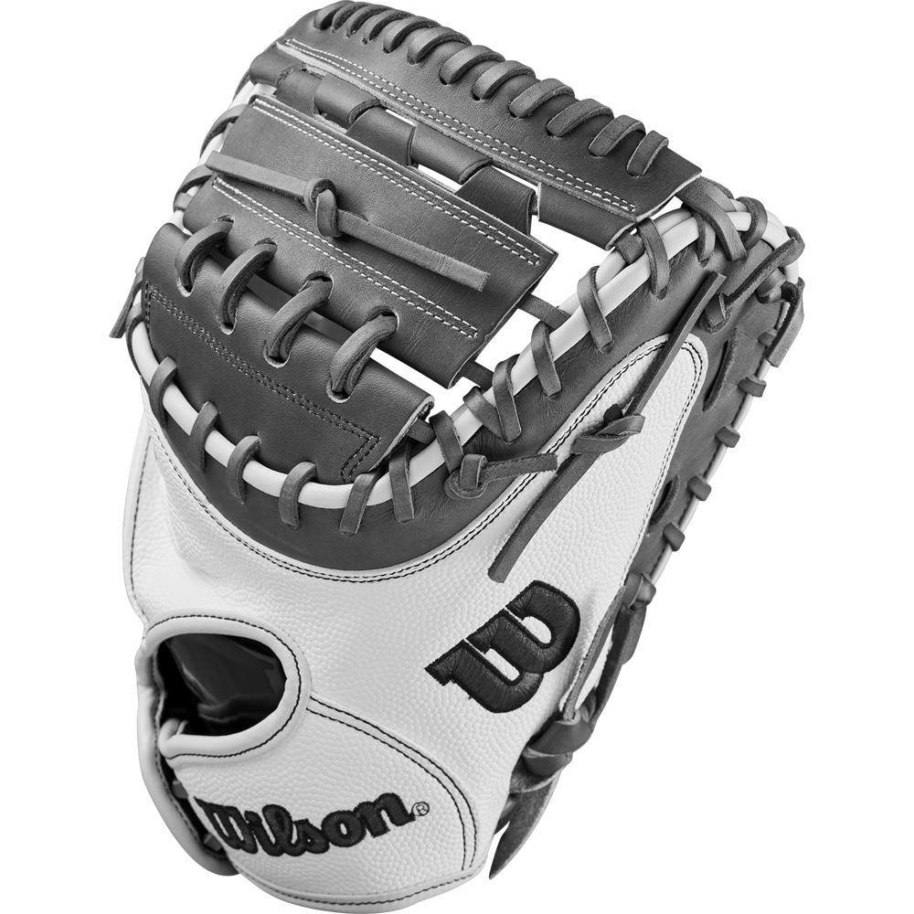 The Wilson A2000 FPCM23 34" Fastpitch Catcher's Mitt (WBW10268134) features a white and gray design with black stitching, the Wilson logo on the thumb, and is crafted from durable Pro Stock Leather. Shown against a plain white background.