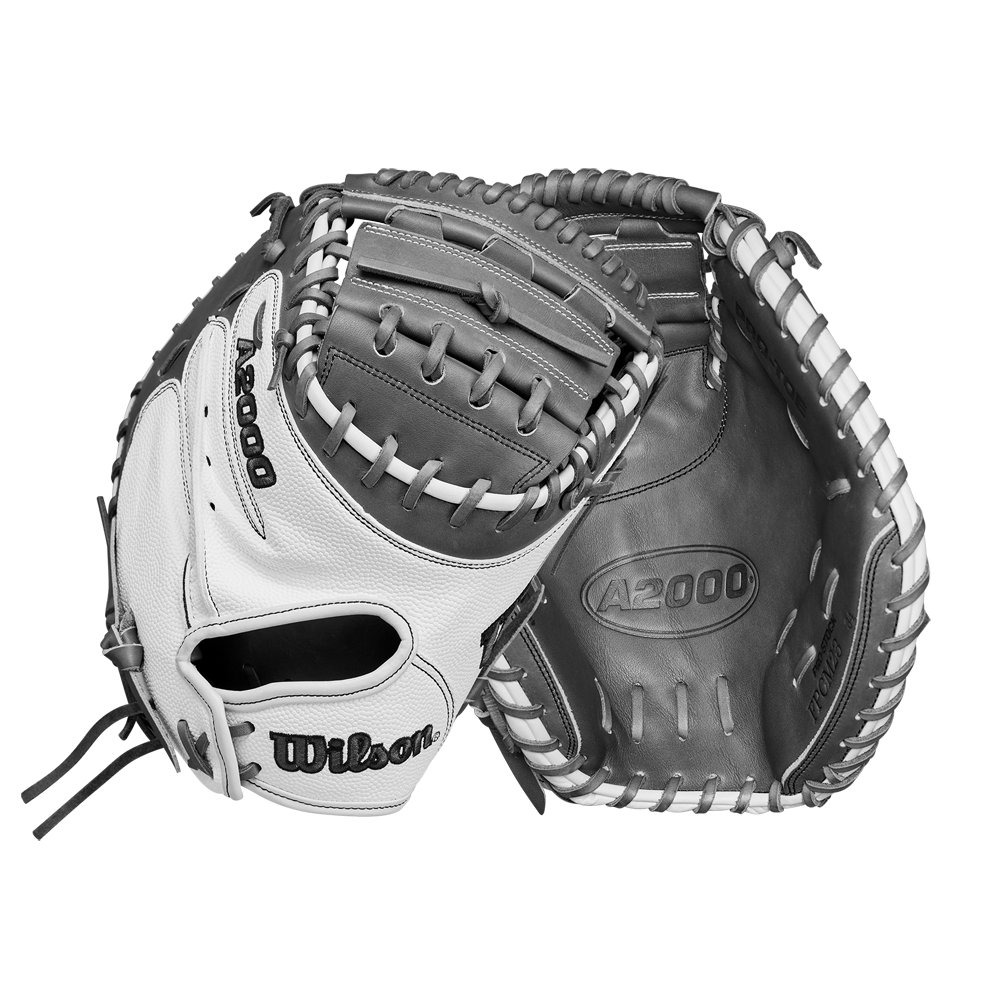 A close-up of the Wilson A2000 FPCM23 34" Fastpitch Catcher's Mitt, expertly crafted with Pro Stock Leather for lasting performance.