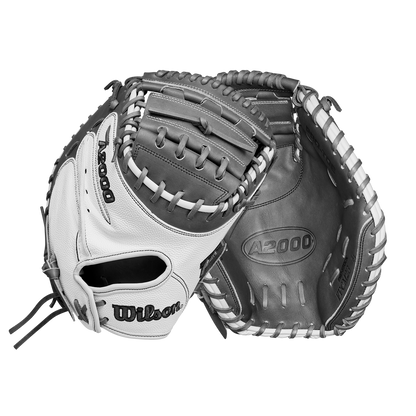 A close-up of the Wilson A2000 FPCM23 34" Fastpitch Catcher's Mitt, expertly crafted with Pro Stock Leather for lasting performance.
