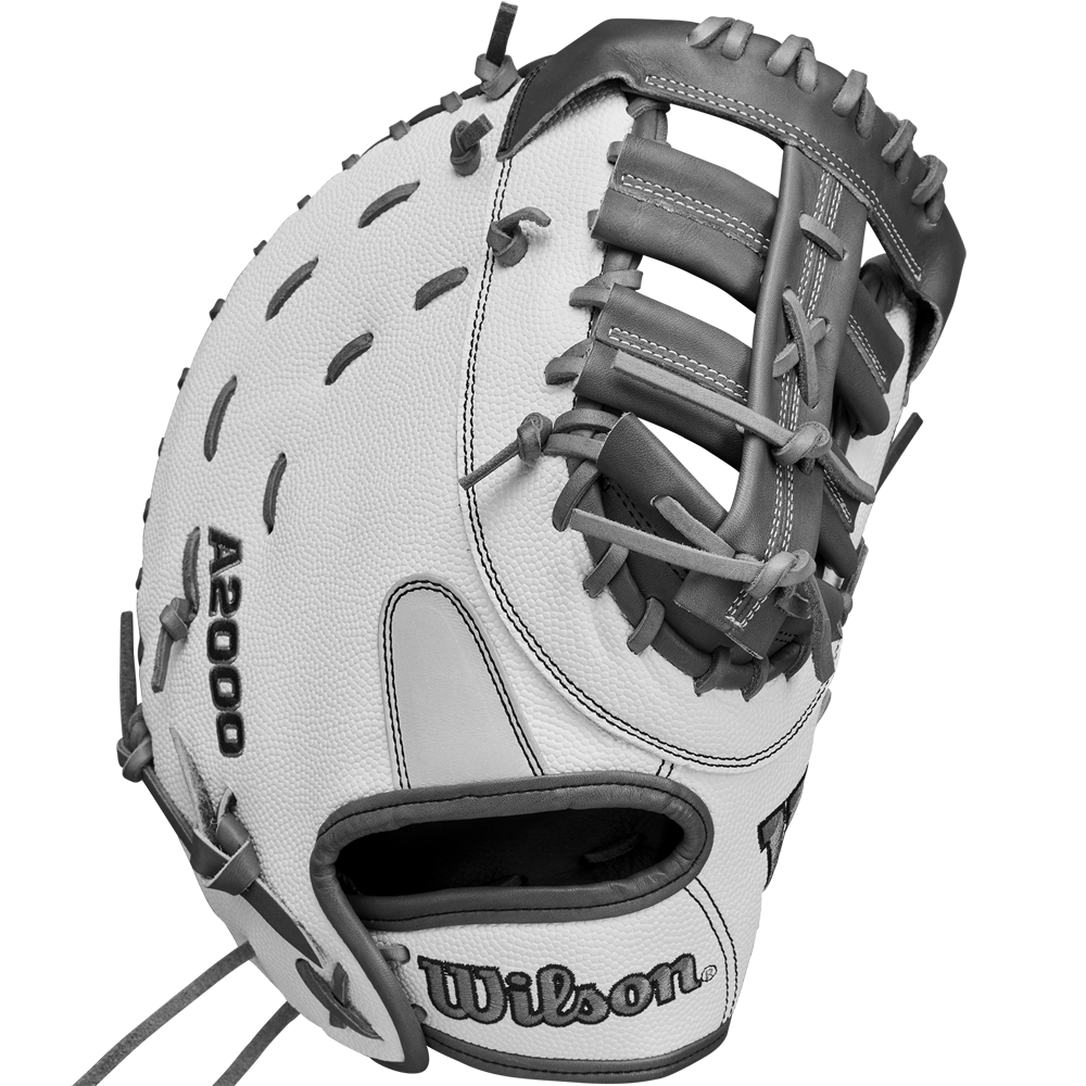 The Wilson A2000 1620SS 12.5" Fastpitch First Base Mitt (WBW102682125) by Wilson features white and gray Pro Stock leather, black stitching and laces, plus logos on the thumb and wrist, shown isolated on a white background.