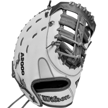 The Wilson A2000 1620SS 12.5" Fastpitch First Base Mitt (WBW102682125) by Wilson features white and gray Pro Stock leather, black stitching and laces, plus logos on the thumb and wrist, shown isolated on a white background.