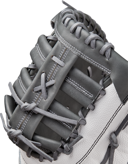 A close-up of the Wilson A2000 1620SS 12.5" Fastpitch First Base Mitt (WBW102682125), featuring gray and white Pro Stock leather, highlights detailed stitching and lacing on the webbing and thumb area.