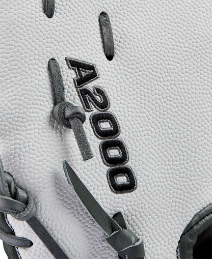 Close-up of a white Wilson A2000 1620SS 12.5" Fastpitch First Base Mitt (WBW102682125) with black laces, crafted from Pro Stock leather, and detailed with "A2000 1620" embroidered in black.