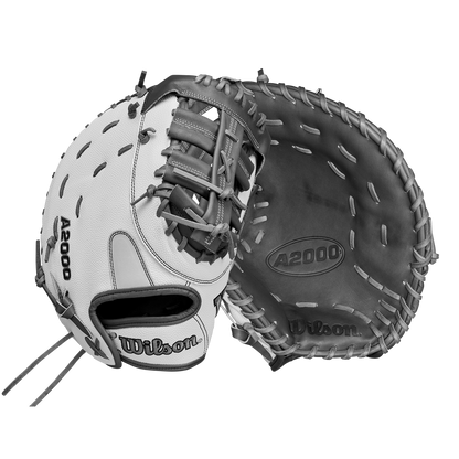 Two Wilson A2000 1620SS 12.5" Fastpitch First Base Mitts by Wilson are displayed: one highlights the Wilson and A2000 logos, while the other shows the palm and web, both in a striking black-and-white image.
