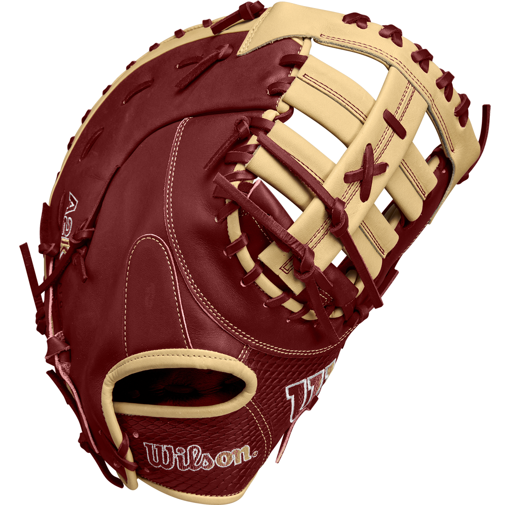 A close-up of the Wilson A2K 1679 12.5" Baseball First Base Mitt (FALL 2024: WBW102684125), crafted with Pro Stock Select leather and featuring a Single Post Web design.