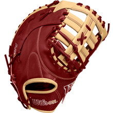 A close-up of the Wilson A2K 1679 12.5" Baseball First Base Mitt (FALL 2024: WBW102684125), crafted with Pro Stock Select leather and featuring a Single Post Web design.