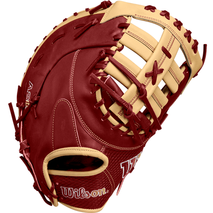 A close-up of the Wilson A2K 1679 12.5" Baseball First Base Mitt (FALL 2024: WBW102684125), crafted with Pro Stock Select leather and featuring a Single Post Web design.