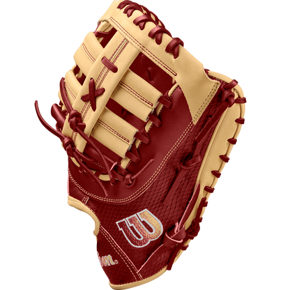 A close-up of the Wilson A2K 1679 12.5" First Base Mitt, made from Pro Stock Select leather and featuring a Single Post Web design.