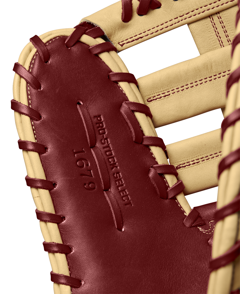 A close-up of the Wilson A2K 1679 12.5" First Base Mitt (WBW102684125), crafted from Pro Stock Select leather with a Single Post Web, from Wilson's Fall 2024 collection.