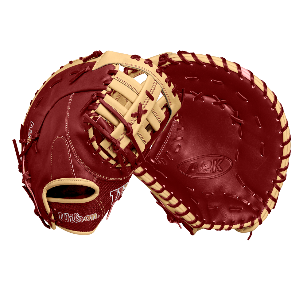 A close-up of the Wilson A2K 1679 12.5" Baseball First Base Mitt (Fall 2024), crafted from premium Pro Stock Select leather and featuring a Single Post Web design.