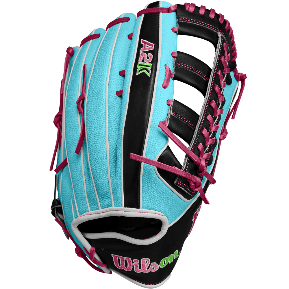 The Wilson A2K 1810SS 12.75" Baseball Glove (Winter 2024: WBW1026881275) features a turquoise and black design with pink laces, white piping, Pro Stock Select leather, and embroidered logos, shown on a white background.